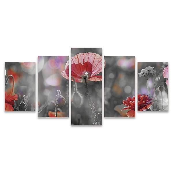 Kit Quadros Mosaico Cinza Flor Vermelho Flores Rosa Sala