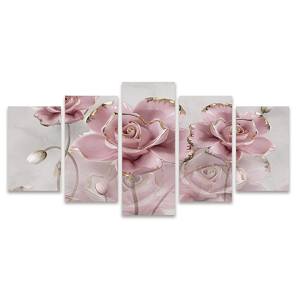 Kit Quadros Mosaico Rosa Gold Rose Flor Elegante