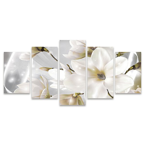 Kit Quadros Mosaico Dourado Lírio Flor Elegante Branco