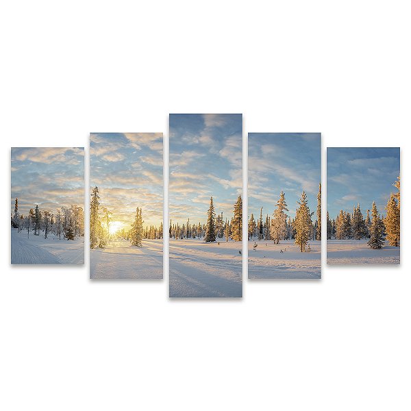 Kit Quadros Mosaico Nascer Neve Floresta Árvores Sol