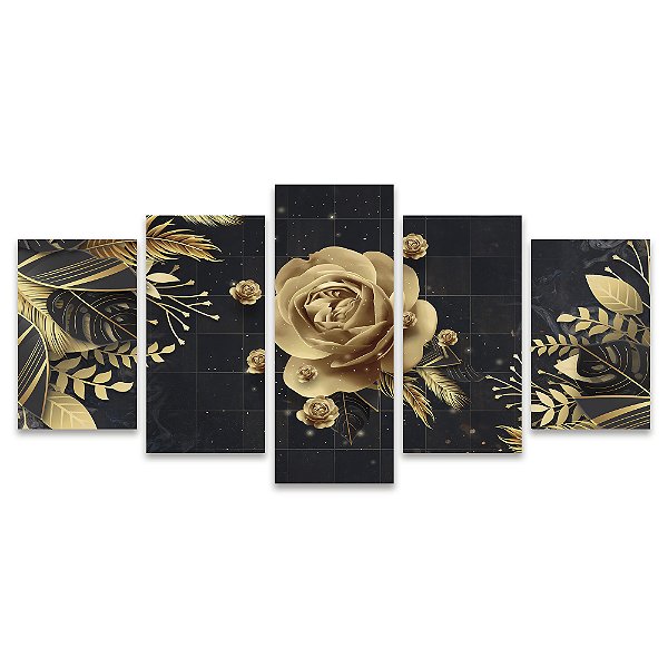 Kit Quadros Mosaico Rosa Ramos Folhas Arte Gold Digital