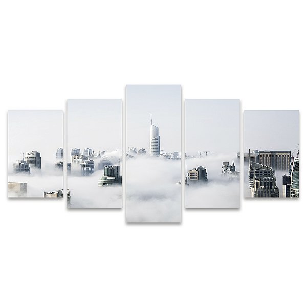 Kit Quadros Mosaico Nuvens Arranha Céu Sala Prédio