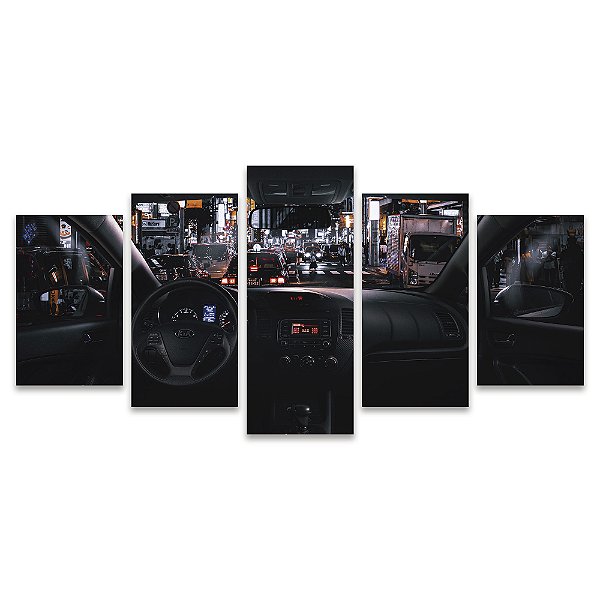 Kit Quadros Mosaico Noturno Sala Carro Preto Cidade