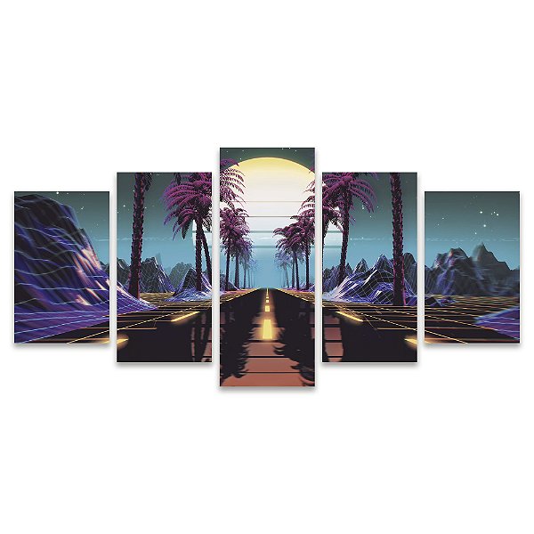 Kit Quadros Mosaico Estrada Vaporwave Azul Relevo