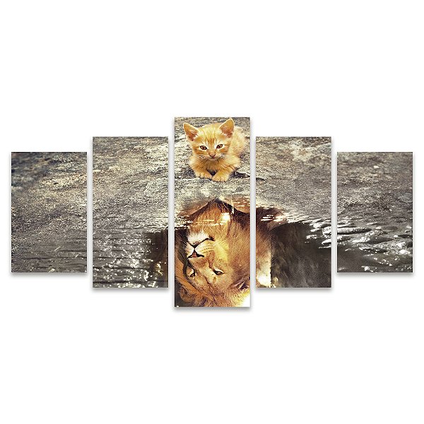 Kit Quadros Mosaico Gato Leão Reflexo Laranja Poça água