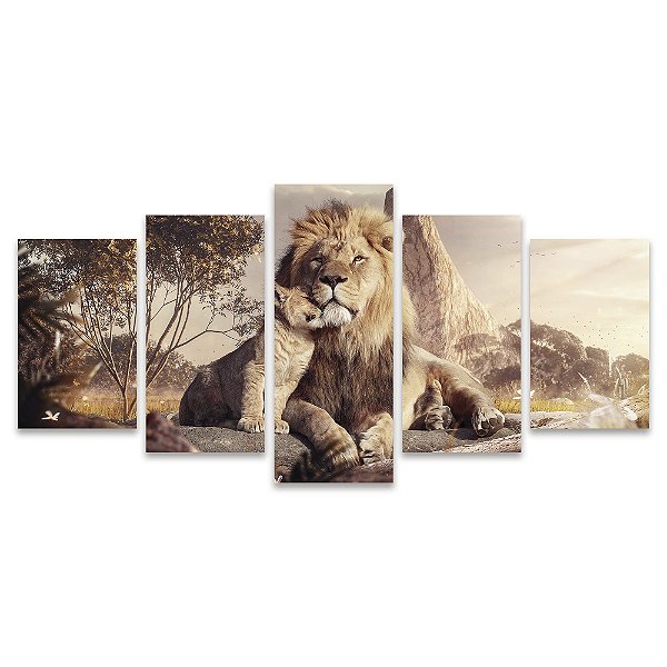 Kit Quadros Mosaico Montanhas Leão Felino Savana Filhote