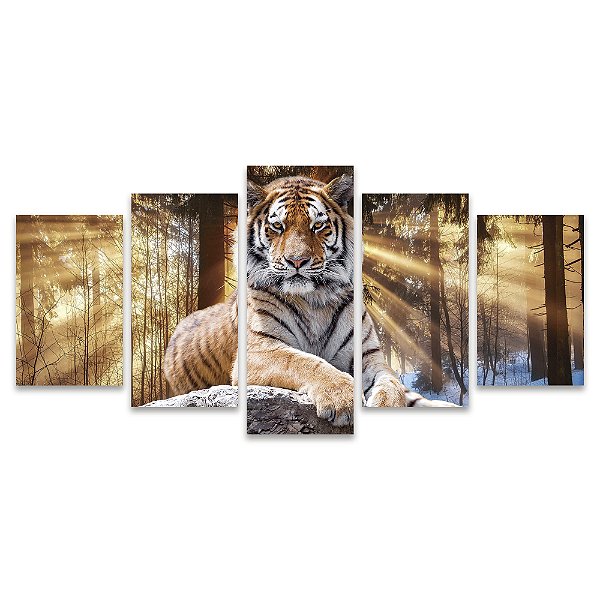 Kit Quadros Mosaico Raios Épico Tigre Bengala Pedra Sol