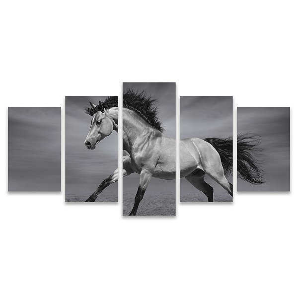 Kit Quadros Mosaico Branco Alazão Sala Preto Cavalo Cinza