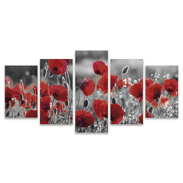 Kit Quadros Mosaico Vermelho Flor Cinza Sala Floral Papoula