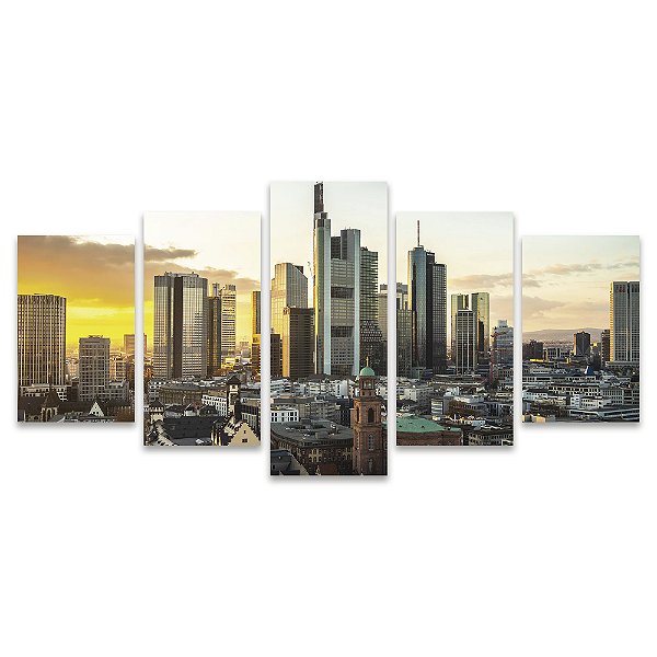 Kit Quadros Mosaico Horizonte Urbano Cidade Prédios Sol Pôr