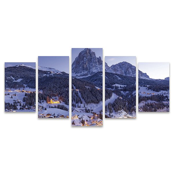 Kit Quadros Mosaico Sala Montanhas Noturno Vila Casas Neve