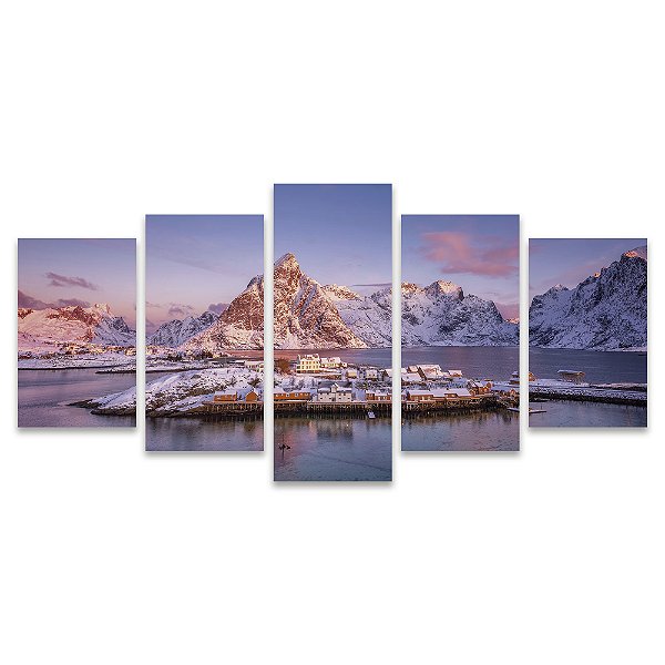 Kit Quadros Mosaico Casas Montanhas Paisagem Rio Palafita
