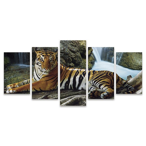 Kit Quadros Mosaico Tigre Verde Listras Felino Cachoeira