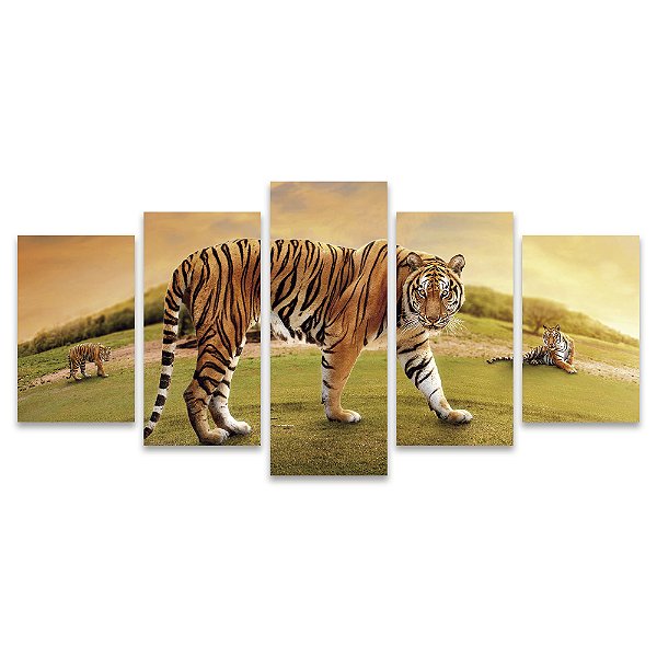 Kit Quadros Mosaico Tigres Felino Pôr do Sol Campo Verde
