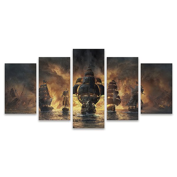 Kit Quadros Mosaico Chamas Navio Pirata Mar Explosão Fogo