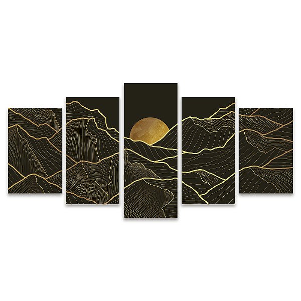Kit Quadros Mosaico Linhas Dourado Digital Montanhas Arte