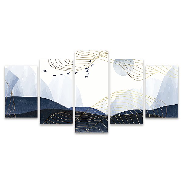Kit Quadros Mosaico Linhas Azul Dourado Aquarela Abstrato