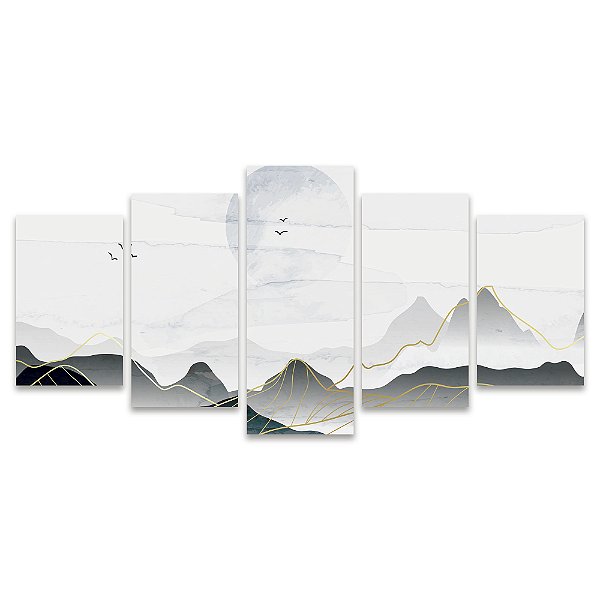 Kit Quadros Mosaico Abstrata Linha Cinza Azul Ouro Paisagem