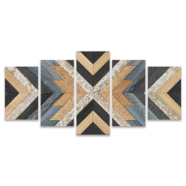 Kit Quadros Mosaico Preto Branco Azul Preto Madeira Chevron