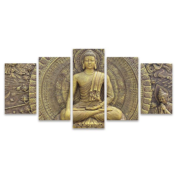 Kit Quadros Mosaico Estatua Buda Sala Dourado Religioso