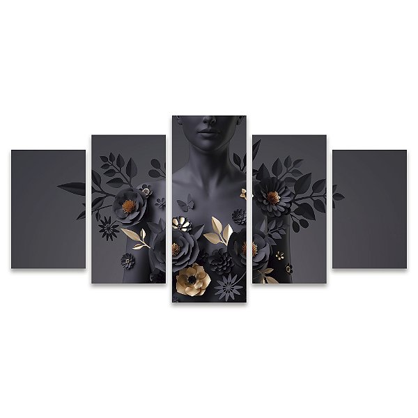 Kit Quadros Mosaico Rosa Preto Dourado Efeito Sala Corpo