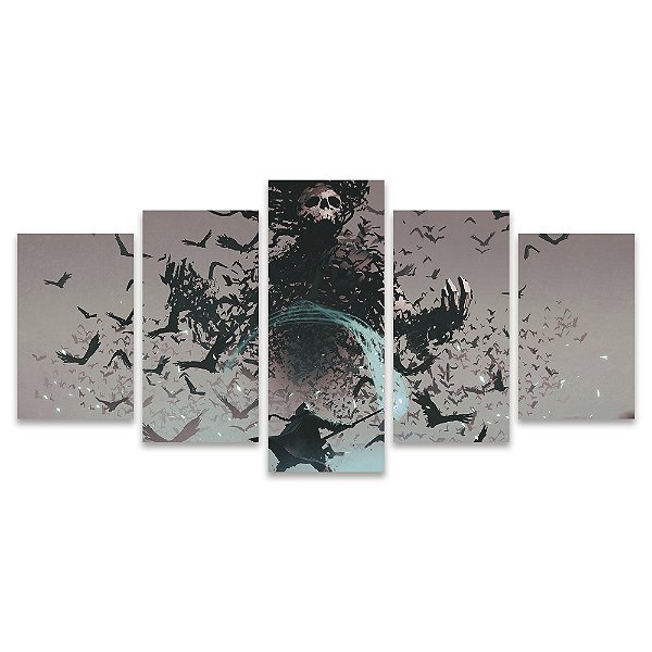 Kit Quadros Mosaico Caveira Feiticeira Jogo Azul Corvo