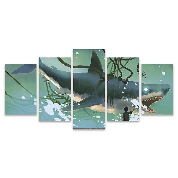 Kit Quadros Mosaico Tubarão Aquário Cabos Verde Mecânico