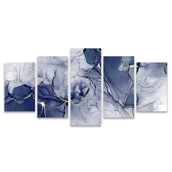 Kit Quadros Mosaico Dourado Azul Mármore Branco Tinta Óleo