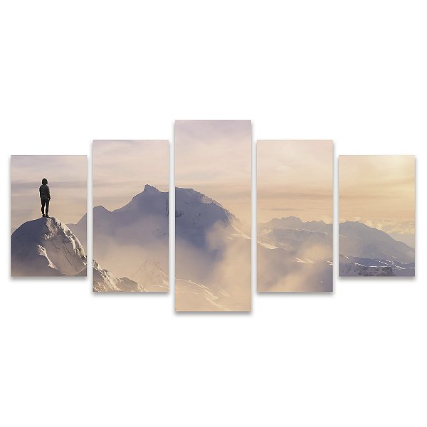 Kit Quadros Mosaico Montanha Mulher Geleira Entardecer Sala
