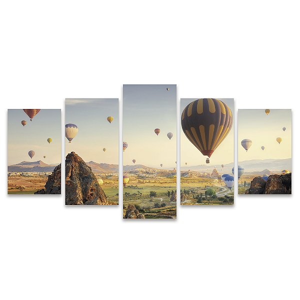 Kit Quadros Mosaico Montanhas Campo Sala Balões Quente