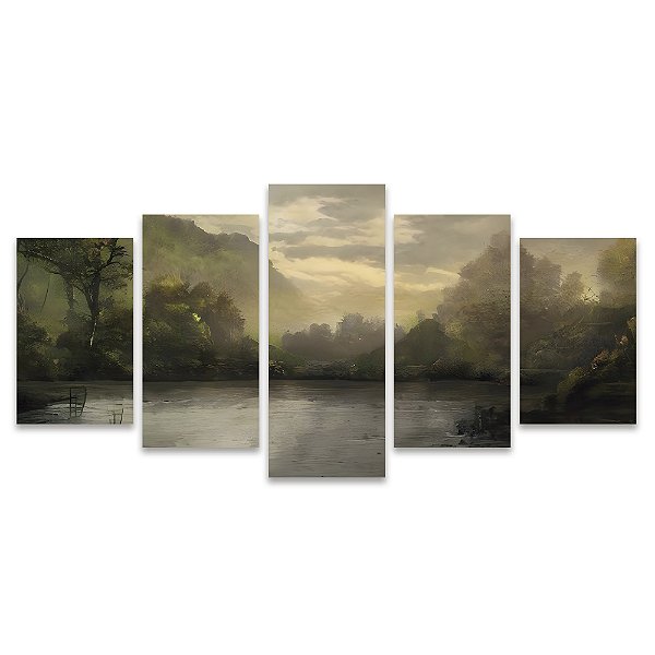 Kit Quadros Mosaico Lago Natureza Montanhas Pintura Efeito