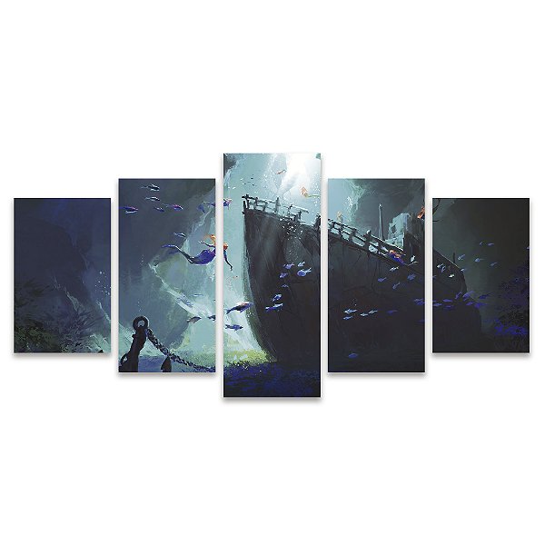 Kit Quadros Mosaico Âncora Sereia Naufrágio Navio Verde