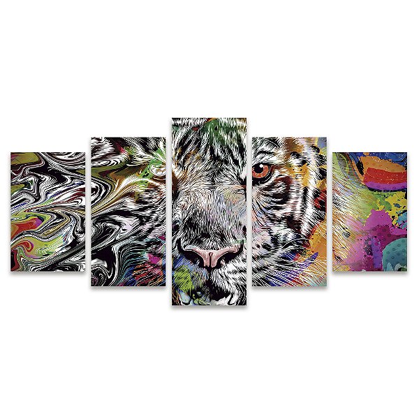 Kit Quadros Mosaico Branco Preto Sala Tigre Fundo Colorido