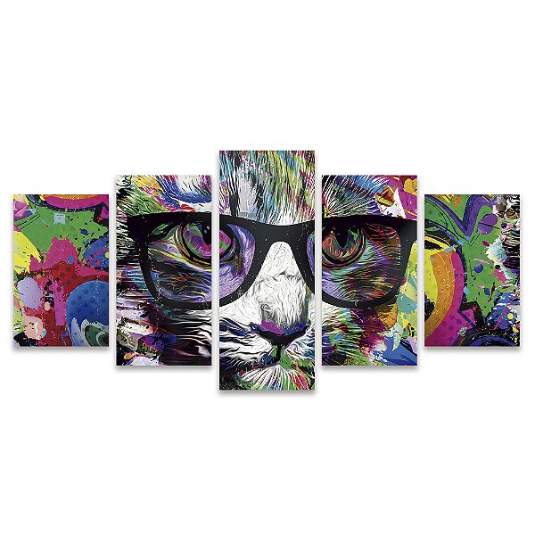 Kit Quadros Mosaico Estampas Preto Óculos Gato Pop Art