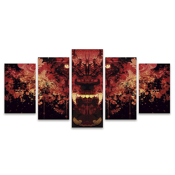 Kit Quadros Mosaico Vermelho Engrenagens Tigre Abstrato