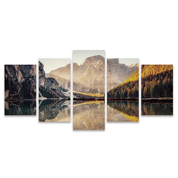 Kit Quadros Mosaico Neve Reflexo Lagoa Pinheiro Montanhas