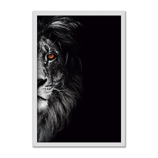 Quadro Decorativo Face de Leão Olho Laranja Preto e Branco