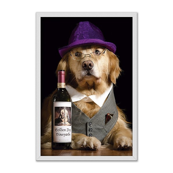 Quadro Decorativo Cachorro Golden Elegante E Garrafa de Vinho