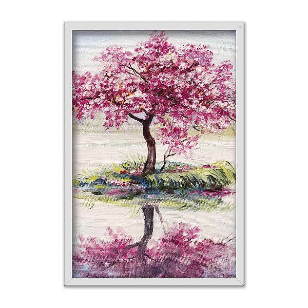 Quadro Decorativo Efeito Pintura Árvore Ipê Rosa A Beira Do Lago