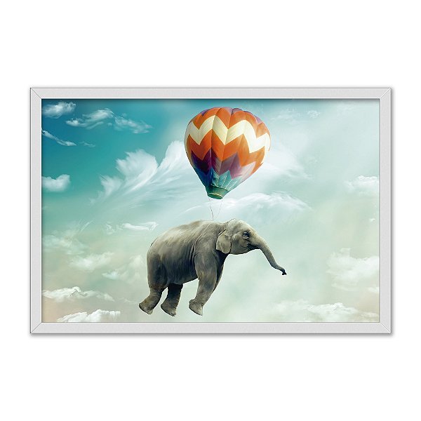 Quadro Decorativo Elefante Voando Com Balão Pelo Azul
