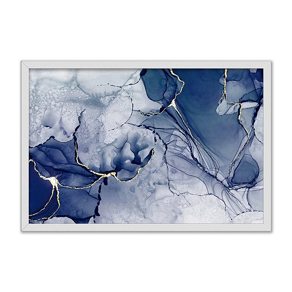 Quadro Decorativo Abstrato Marmorizado Azul E Dourado