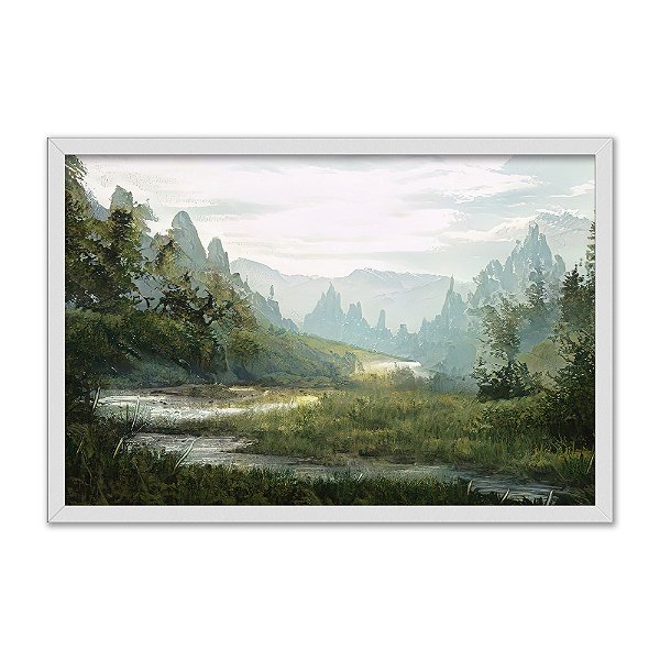Quadro Decorativo Efeito Pintura Paisagem Montanhosa Com Floresta