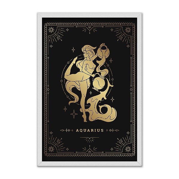 Quadro Decorativo Horóscopo Signo Aquário Preto Detalhes Dourados
