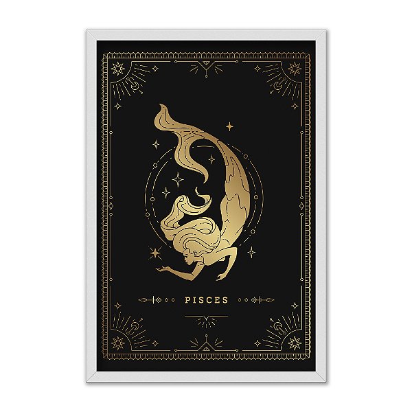 Quadro Decorativo Horóscopo Signo Peixes Detalhes Dourados
