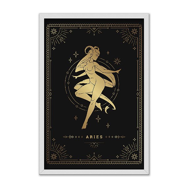 Quadro Decorativo Horóscopo Signo Aries Detalhes Dourados