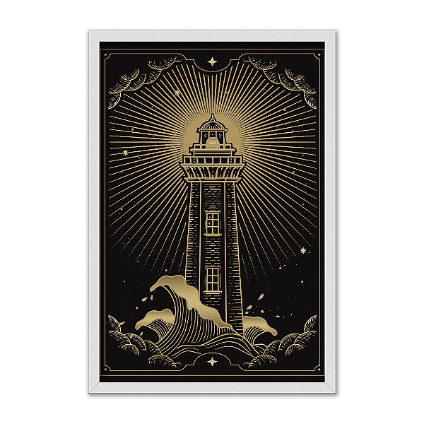 Quadro Decorativo Farol Fundo Preto Listras Douradas