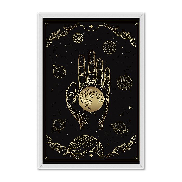 Quadro Decorativo Mãos Tarô Planetas Carta Detalhes Dourados
