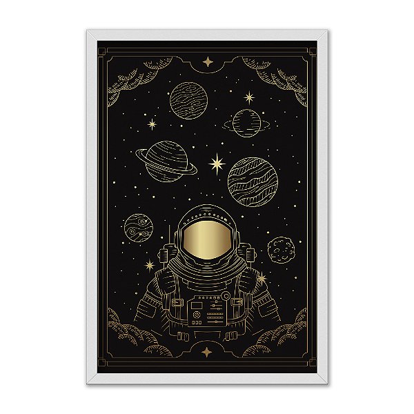 Quadro Decorativo Planetas Astronauta Detalhes Dourados