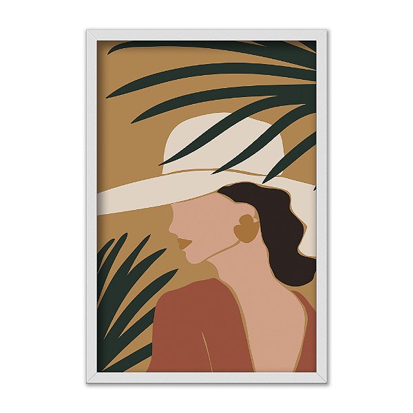 Quadro Decorativo Mulher De Chapéu Fundo Bege Folhas Verdes