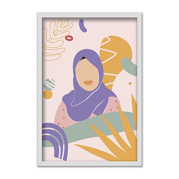 Quadro Decorativo Mulher Com Turbante Roxo Folhas Amarelas